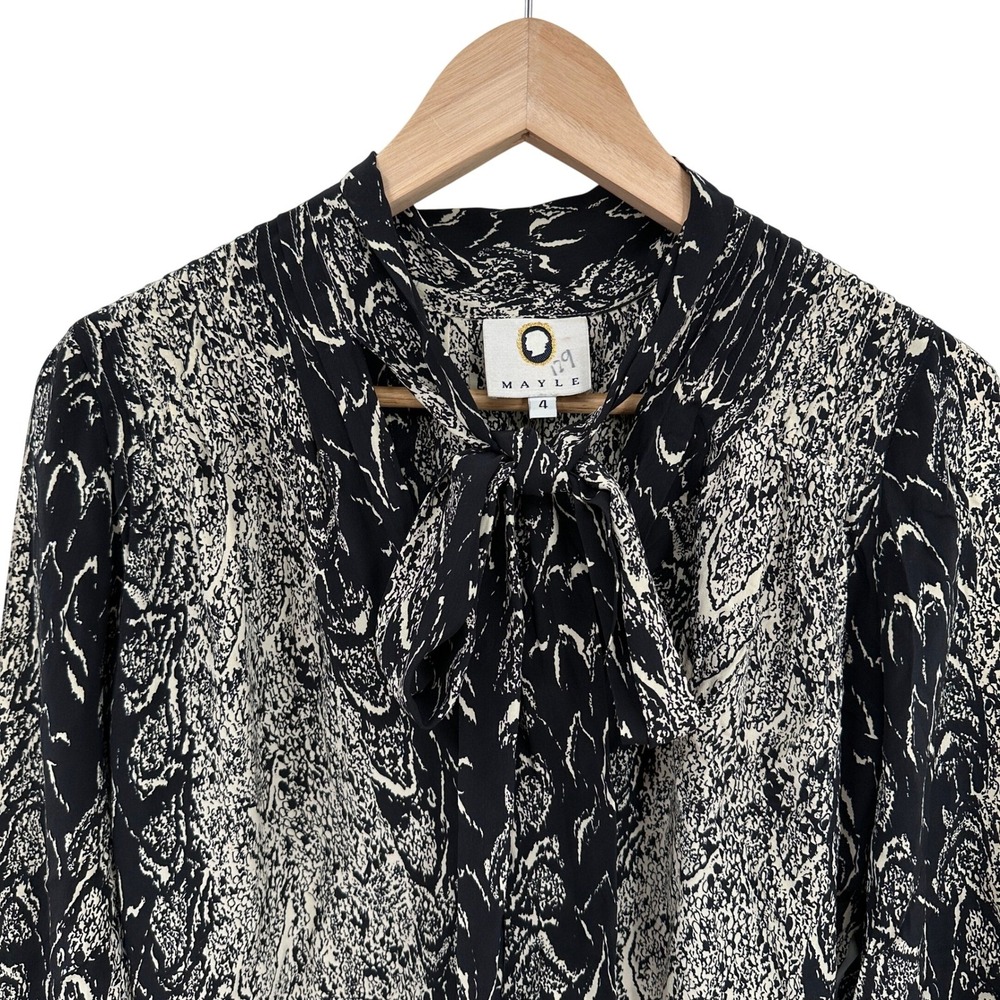 Maison Mayle Womens 100% Silk Snake Print Tie Neck Midi Dress Black Cream 4 USA - Picture 3 of 7